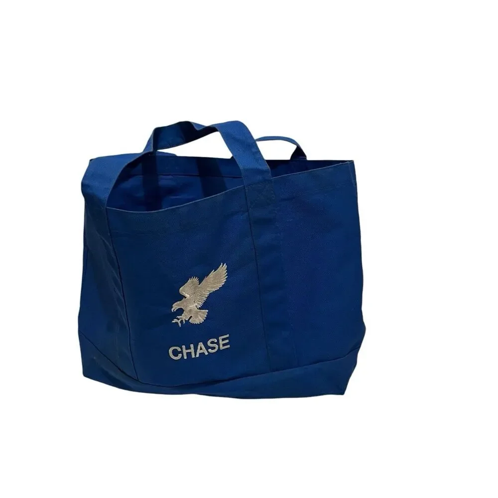 Chase Eagle Bird Blue White Embroidered Canvas Double Handles Tote Bag 11X14